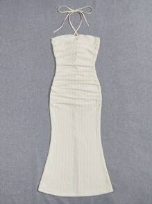 SHEIN VCAY Stereo Flower Tie Backless Split Thigh Halter Dress,White Graduation Dress - Beige - View 2