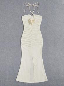 SHEIN VCAY Stereo Flower Tie Backless Split Thigh Halter Dress,White Graduation Dress - Beige - View 4