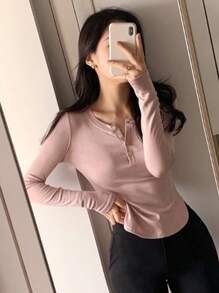 DAZY Áo thun cài nút phía trước, viền cong, áo thu - Bụi hồng - Xem 1