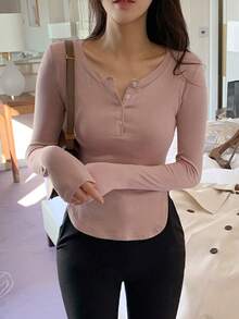 DAZY Áo thun cài nút phía trước, viền cong, áo thu - Bụi hồng - Xem 5