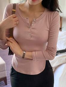 DAZY Áo thun cài nút phía trước, viền cong, áo thu - Bụi hồng - Xem 6