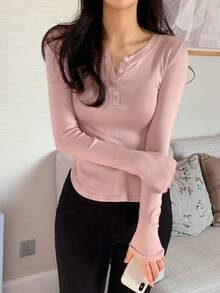 DAZY Áo thun cài nút phía trước, viền cong, áo thu - Bụi hồng - Xem 7