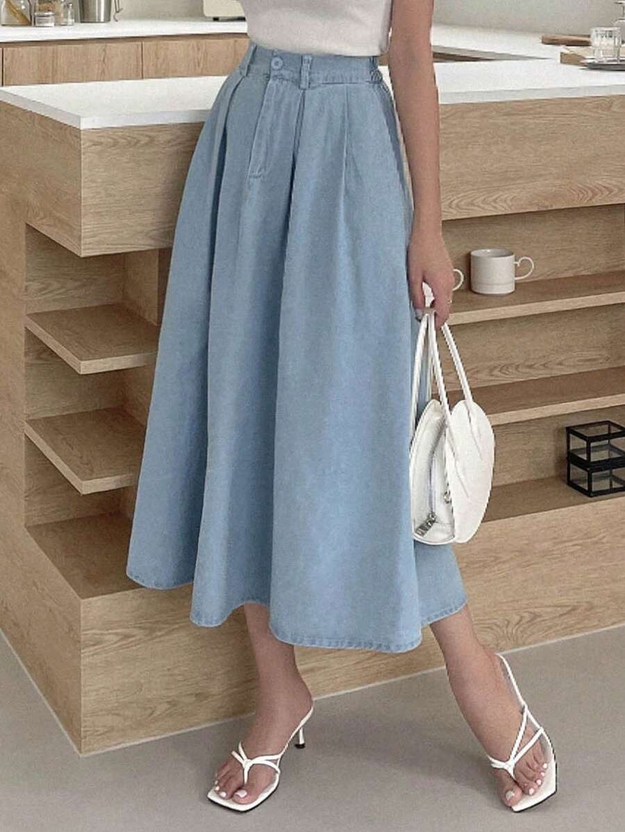 DAZY 高腰褶皱细节牛仔裙 - 藍色 - 查看 1