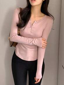 DAZY Áo thun cài nút phía trước, viền cong, áo thu - Bụi hồng - Xem 8