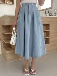 DAZY 高腰褶皱细节牛仔裙 - 藍色 - 查看 7