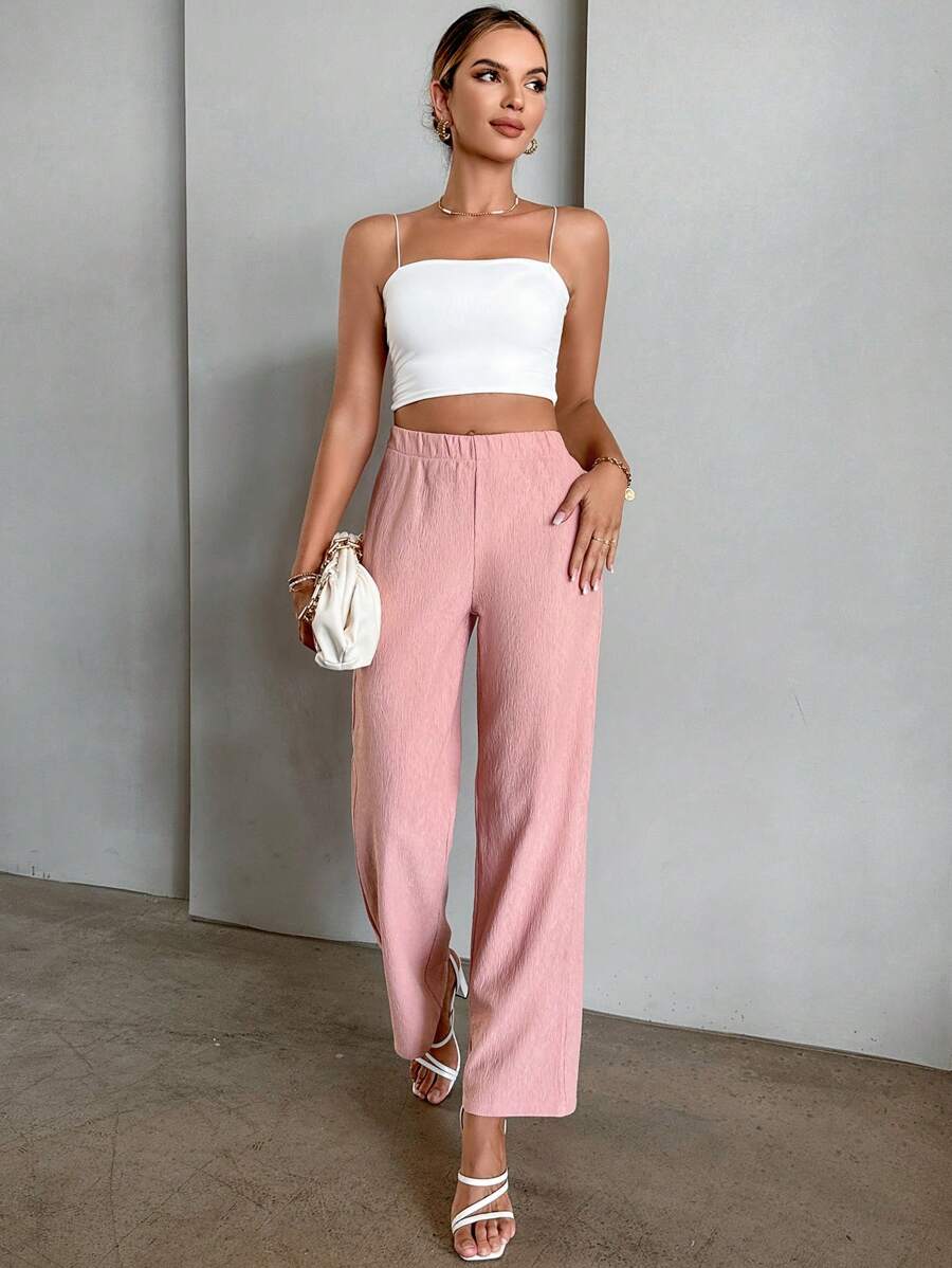 SHEIN Essnce Pantalones de pierna ancha de talle alto - Rosa - Ver 1
