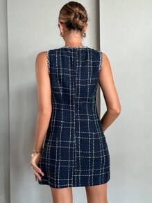 SHEIN Privé Vestido con estampado de cuadros con doble bolsillo - Azul - Ver 2