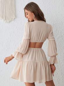 SHEIN VCAY V領腰部鏤空荷葉袖荷葉邊連衣裙 - 杏色 - 查看 2