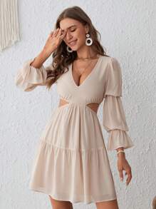 SHEIN VCAY V領腰部鏤空荷葉袖荷葉邊連衣裙 - 杏色 - 查看 3