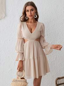 SHEIN VCAY V領腰部鏤空荷葉袖荷葉邊連衣裙 - 杏色 - 查看 4