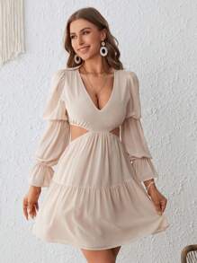 SHEIN VCAY V領腰部鏤空荷葉袖荷葉邊連衣裙 - 杏色 - 查看 5