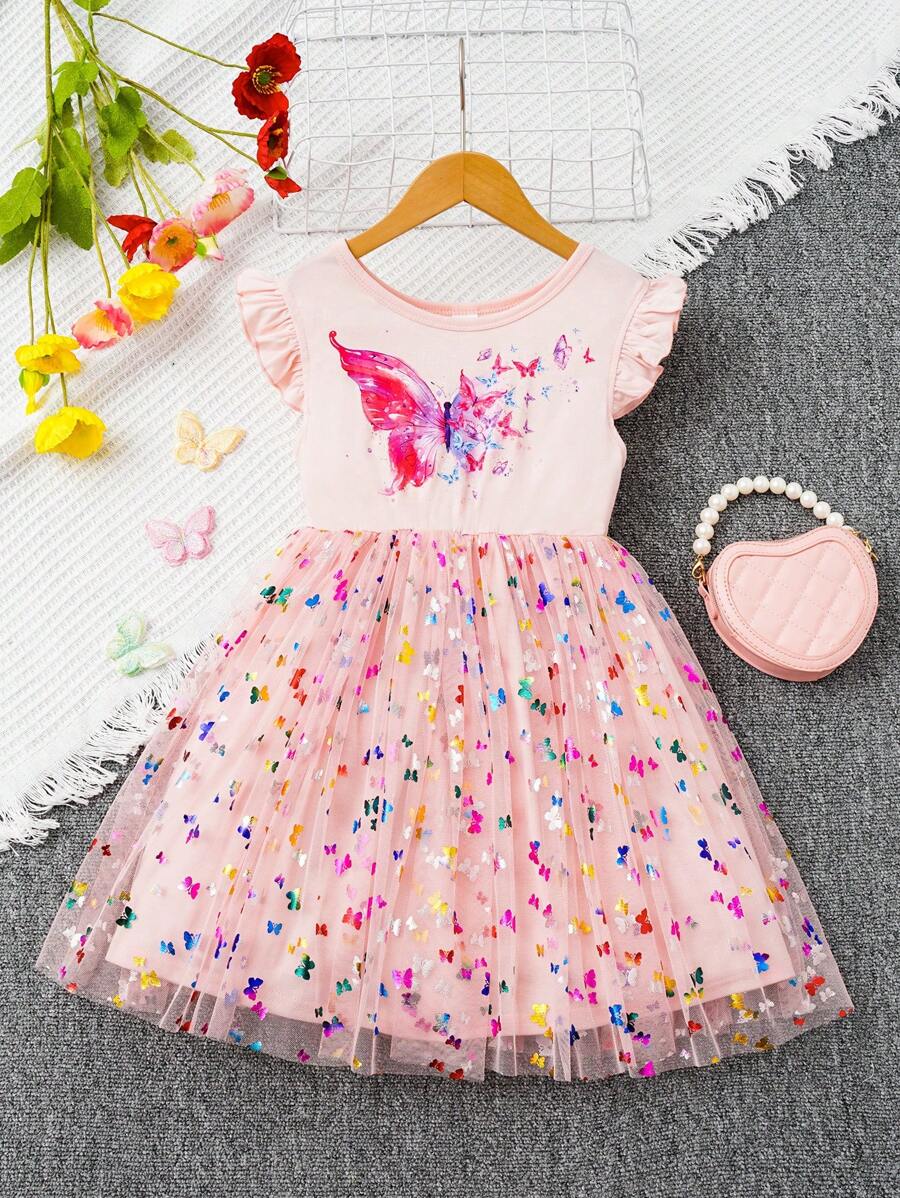 SHEIN Young Girl Butterfly Print Ruffle Trim Mesh Hem Dress - Pink - View 1