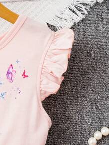 SHEIN Young Girl Butterfly Print Ruffle Trim Mesh Hem Dress - Pink - View 3