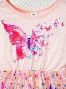 SHEIN Young Girl Butterfly Print Ruffle Trim Mesh Hem Dress - Pink - View 5