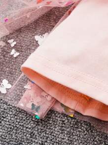 SHEIN Young Girl Butterfly Print Ruffle Trim Mesh Hem Dress - Pink - View 6