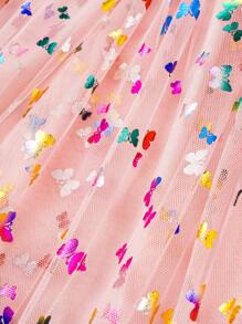 SHEIN Young Girl Butterfly Print Ruffle Trim Mesh Hem Dress - Pink - View 7