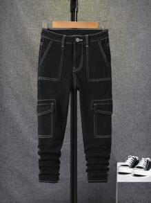 SHEIN 男大童翻蓋口袋頂針牛仔褲 - 黑色 - 查看 1