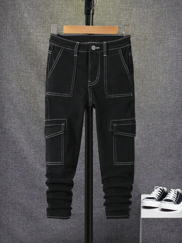 SHEIN Quần jean Con Trai Nút Túi Dây kéo màu trơn - màu đen - Xem 1