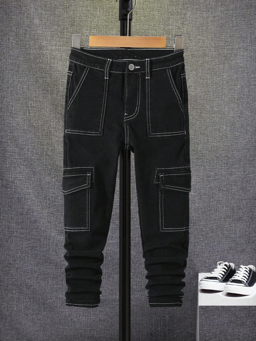 SHEIN 男大童翻蓋口袋頂針牛仔褲 - 黑色 - 查看 1