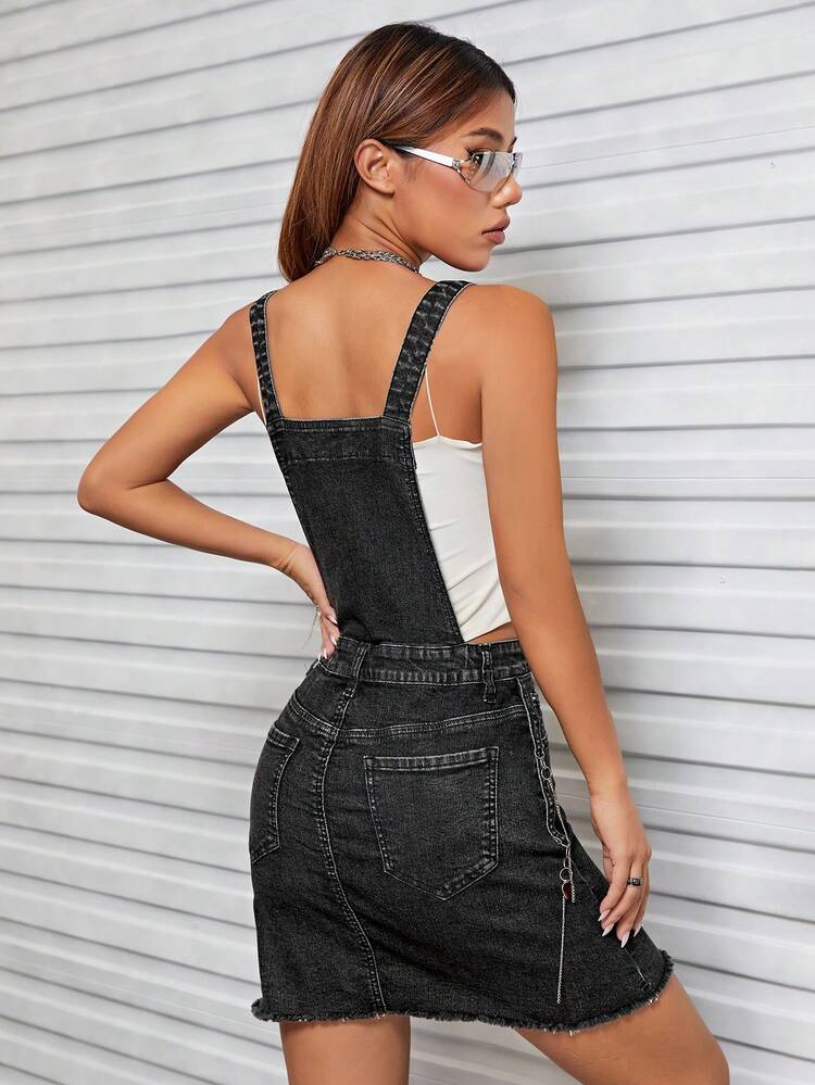 Pocket Patched Denim Overall Dress Without Tank Top