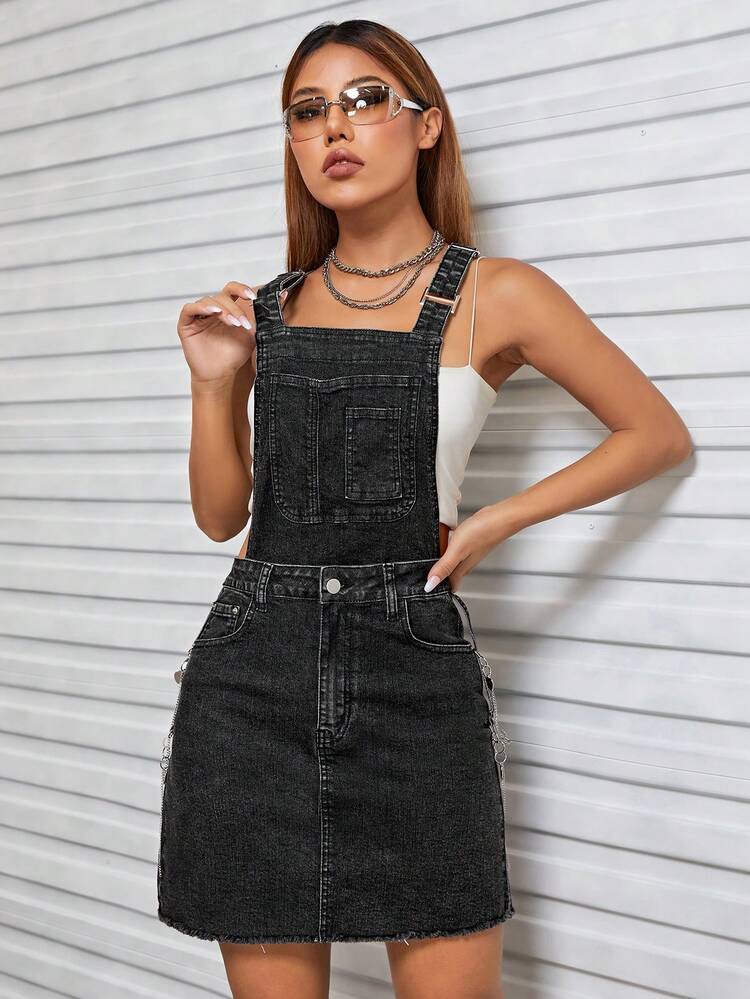 Pocket Patched Denim Overall Dress Without Tank Top