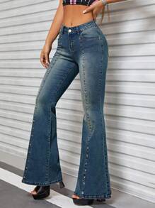 SHEIN ICON 鉚釘串珠牛仔喇叭褲