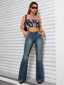 SHEIN ICON 鉚釘串珠牛仔喇叭褲