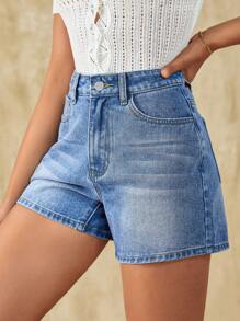 SHEIN Frenchy 直筒牛仔短褲 - 中等水洗藍 - 查看 1