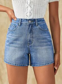 SHEIN Frenchy 直筒牛仔短褲 - 中等水洗藍 - 查看 3