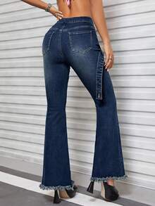 SHEIN ICON Solid Flare Leg Jeans - Dark Wash - View 2