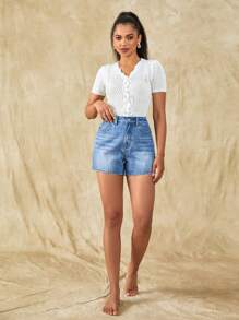 SHEIN Frenchy 直筒牛仔短褲 - 中等水洗藍 - 查看 4