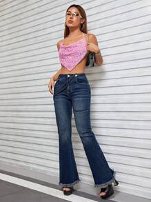 SHEIN ICON Solid Flare Leg Jeans - Dark Wash - View 5