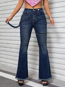 SHEIN ICON Solid Flare Leg Jeans - Dark Wash - View 4