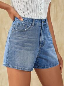 SHEIN Frenchy 直筒牛仔短褲 - 中等水洗藍 - 查看 6