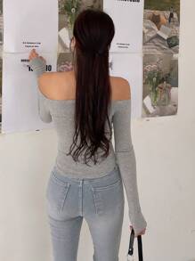 DAZY 纯色露肩长袖女式上衣 - 灰色 - 查看 2