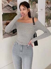 DAZY 纯色露肩长袖女式上衣 - 灰色 - 查看 7