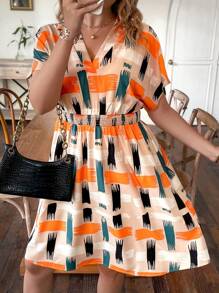 Calvaya Plus Geo Print Batwing Sleeve Dress