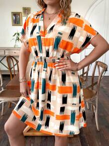 Calvaya Plus Geo Print Batwing Sleeve Dress