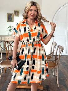 Calvaya Plus Geo Print Batwing Sleeve Dress