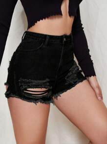 Ripped Raw Hem Denim Shorts - Black - View 3