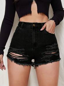 Ripped Raw Hem Denim Shorts - Black - View 5