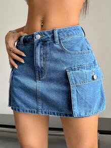 SHEIN EZwear Falda De Mezclilla De Bolsillo Con Solapa Para Mujeres En Verano