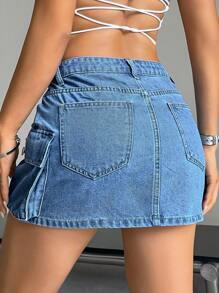 SHEIN EZwear Falda De Mezclilla De Bolsillo Con Solapa Para Mujeres En Verano