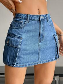 SHEIN EZwear Falda De Mezclilla De Bolsillo Con Solapa Para Mujeres En Verano