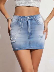 SHEIN Essnce High Waist Ripped Denim Skirt - Blue - View 3