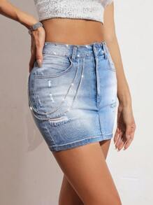 SHEIN Essnce High Waist Ripped Denim Skirt - Blue - View 1
