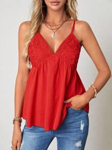SHEIN VCAY Bảng điều khiển ren Guipure Cami ngọn - Đỏ - Xem 5