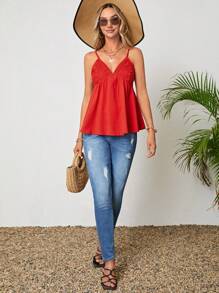 SHEIN VCAY Bảng điều khiển ren Guipure Cami ngọn - Đỏ - Xem 6