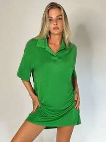 SHEIN EZwear Vestido estilo camiseta de hombros caídos unicolor - Verde - Ver 3