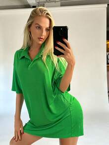 SHEIN EZwear Vestido estilo camiseta de hombros caídos unicolor - Verde - Ver 4